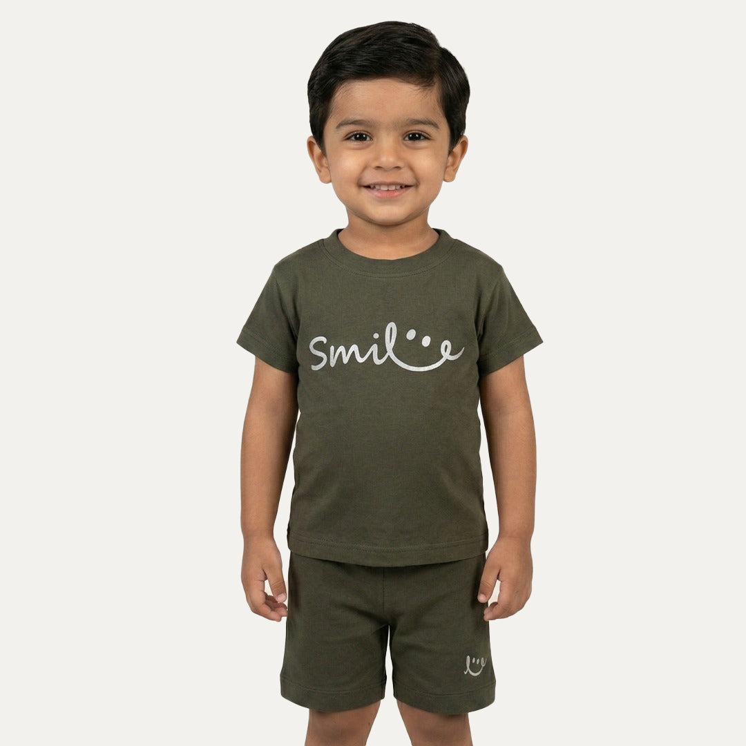 Green Smile Print Ribbed Linen Fabric Suit For Summers Main image