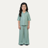 Turquoise Plain Ribbed Linen Fabric Suit For Girls