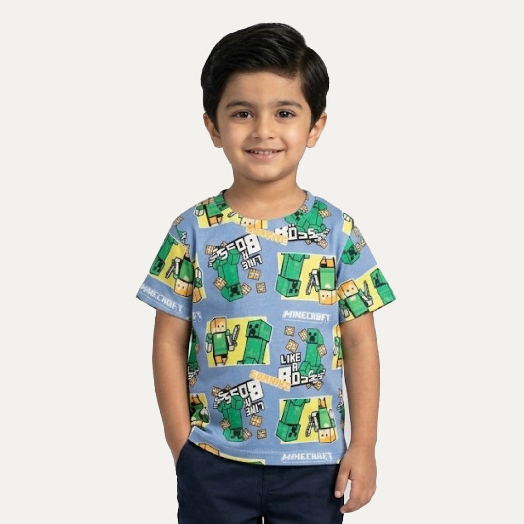 Sky Blue Minecraft Print Half Sleeves T-Shirt For Boys Main image