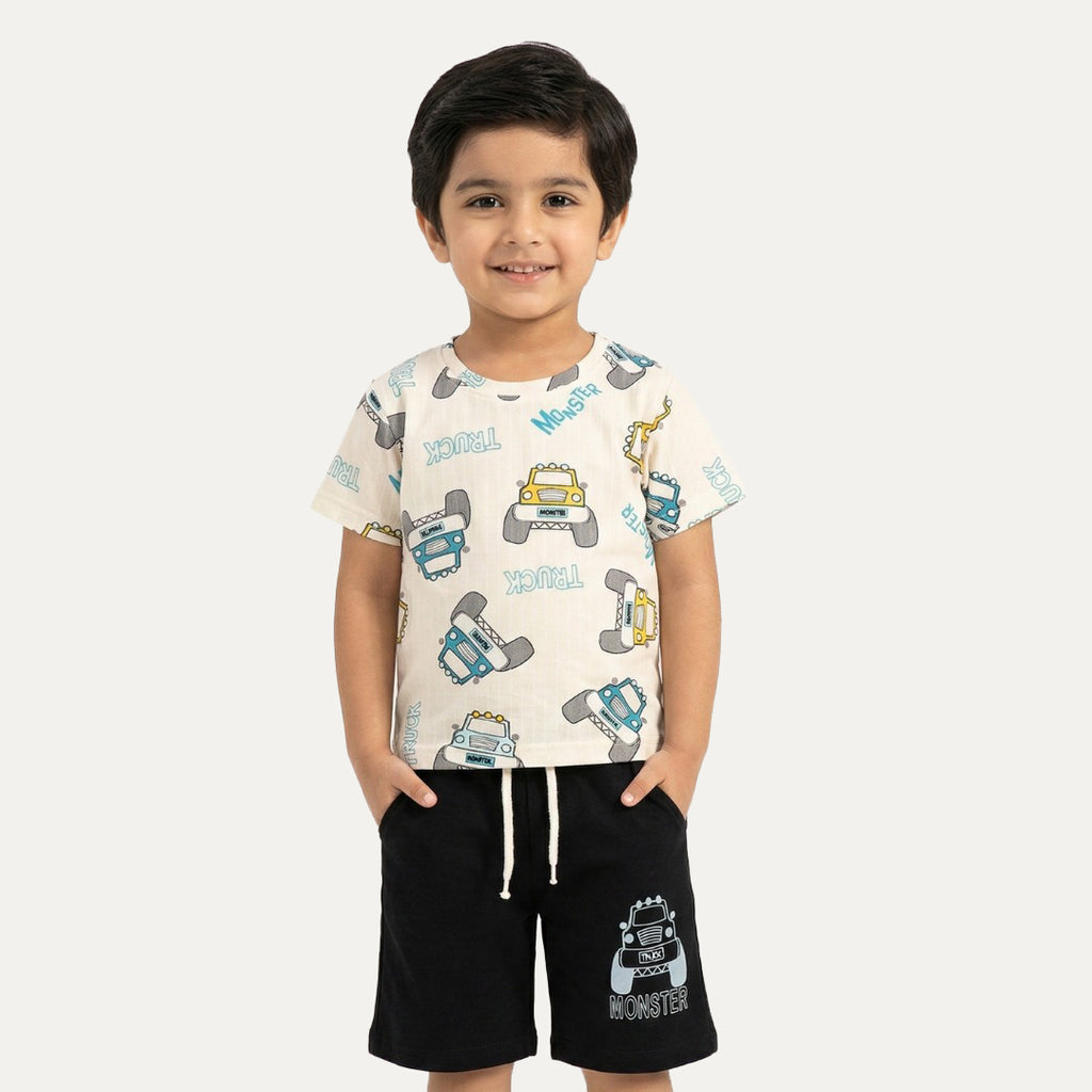 Cream Trucks Print Suit For Summers