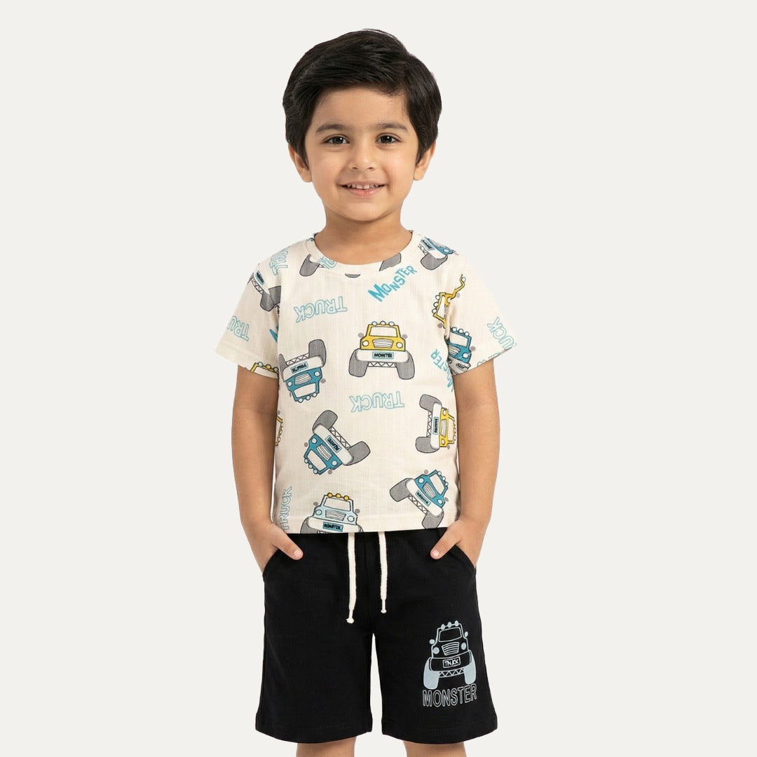 Cream Trucks Print Suit For Summers