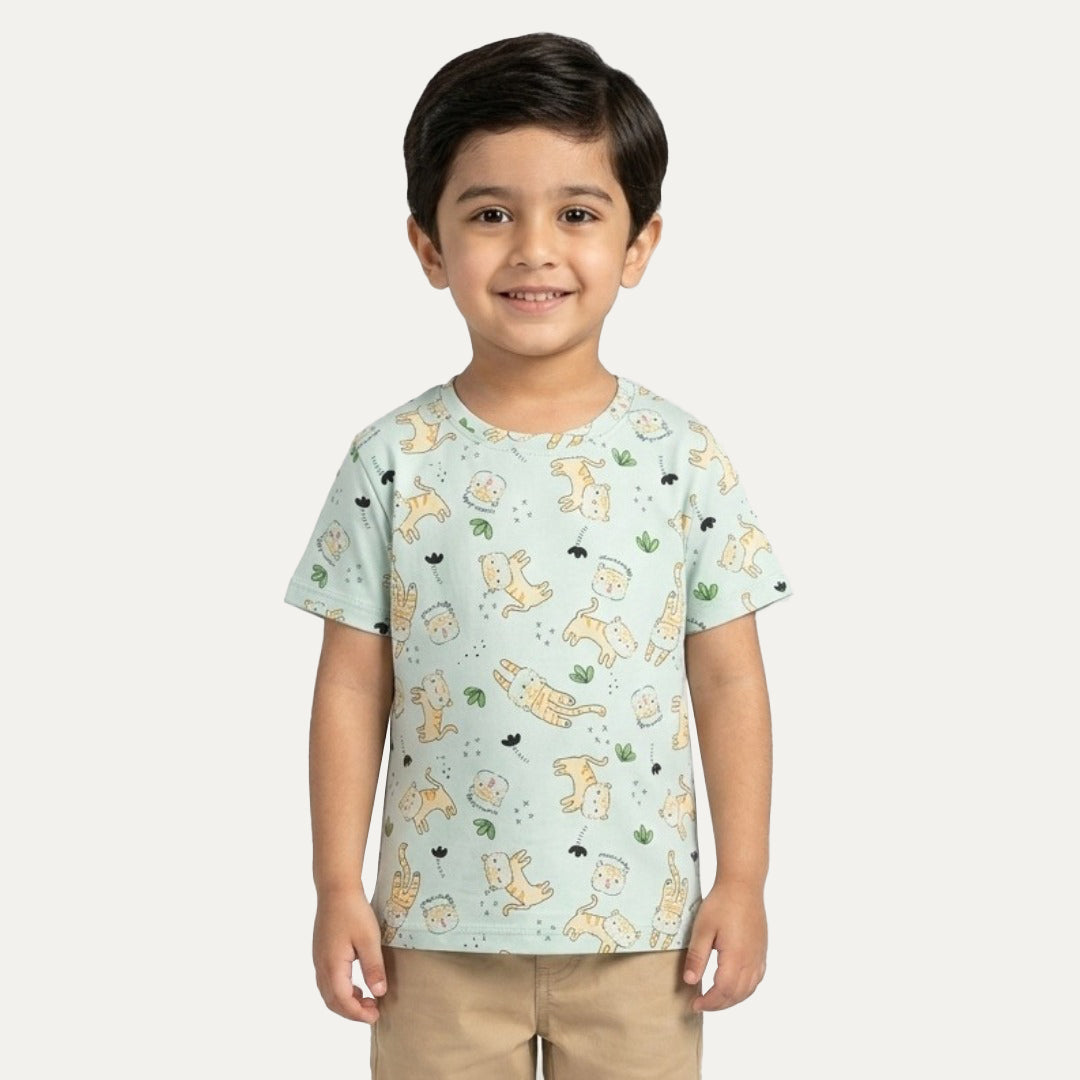 Turquoise Tiger Print Half Sleeves T-Shirt For Boys Main image