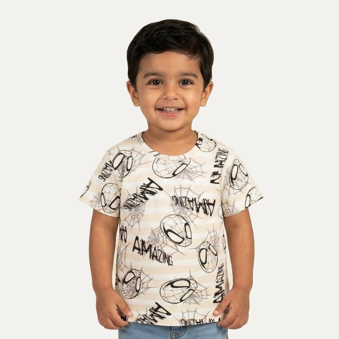 Cream Spider Man Print Half Sleeves T-Shirt For Boys Main image