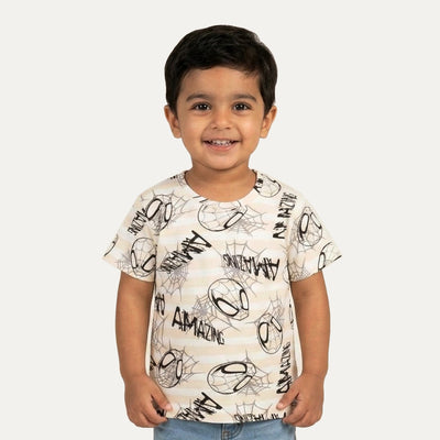 Cream Spider Man Print Half Sleeves T-Shirt For Boys