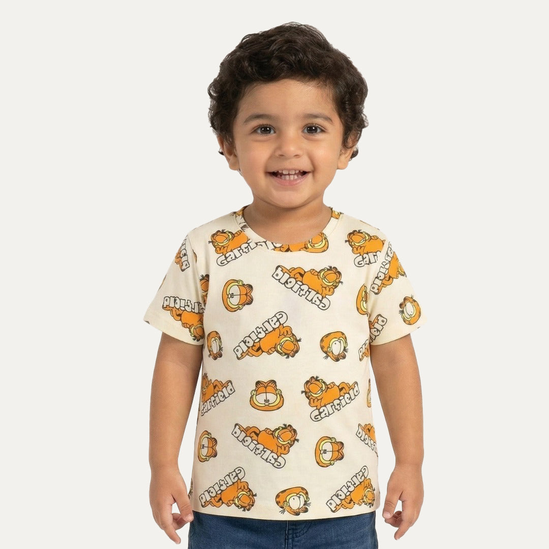 Cream Garfield Print Half Sleeves T-Shirt For Boys Main image