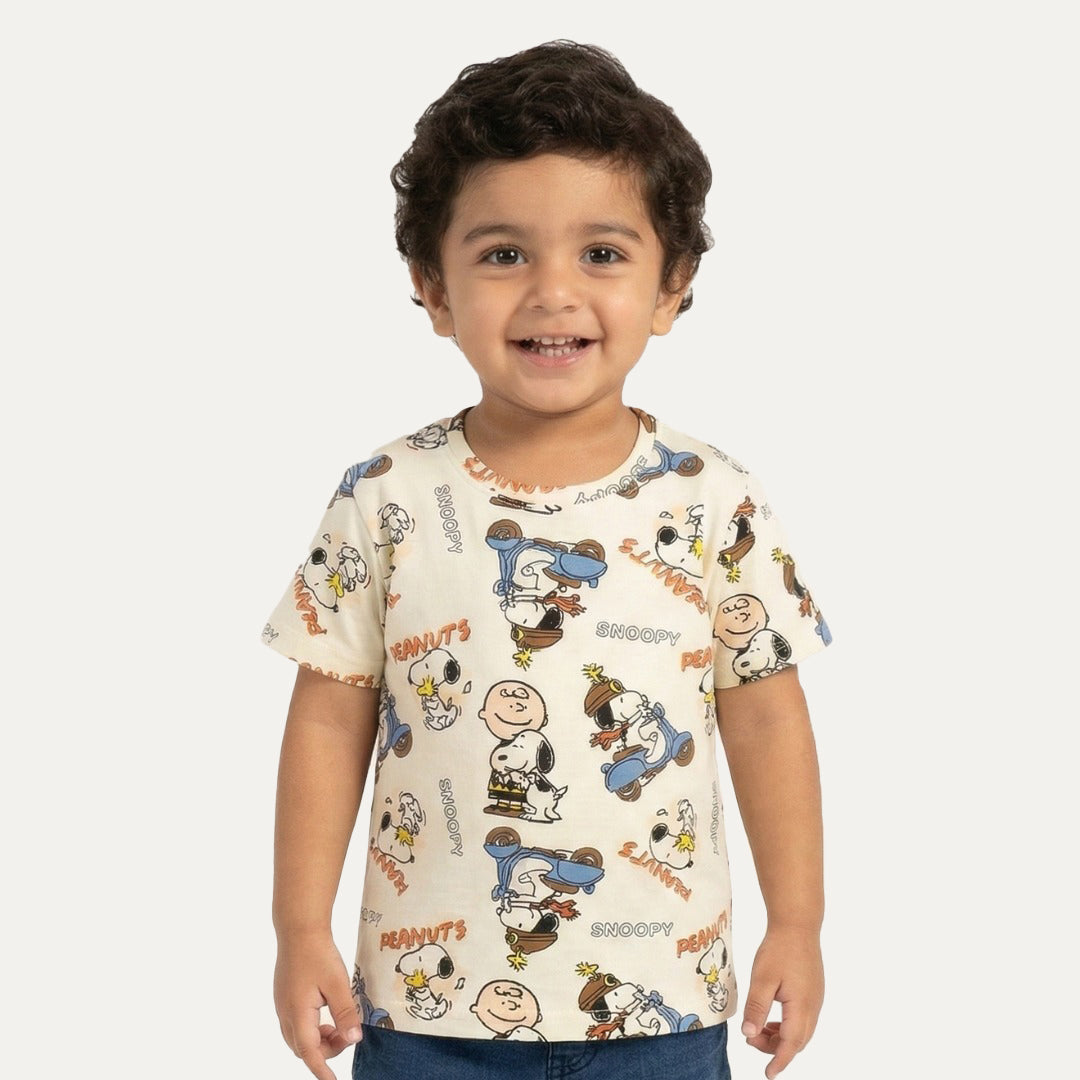 Cream Snoopy Peanuts Print Half Sleeves T-Shirt For Boys Main image
