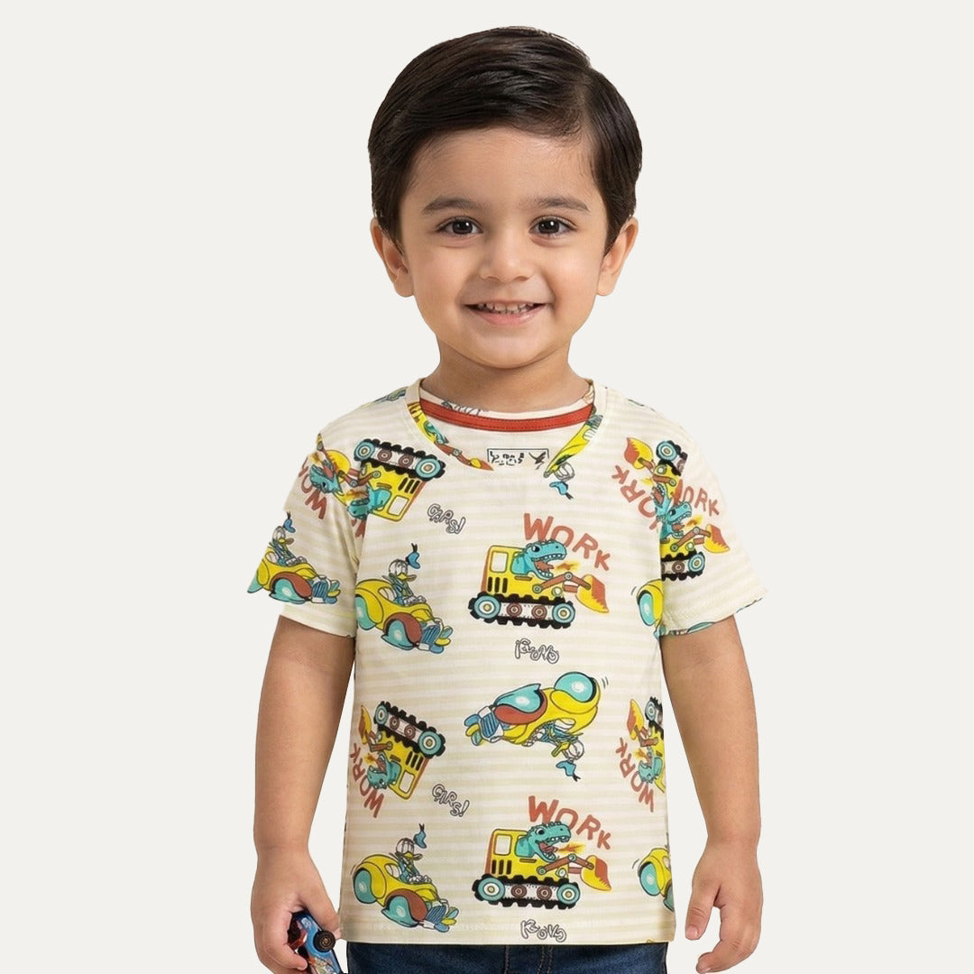 Cream Dragon Print Half Sleeves T-Shirt For Boys Main image