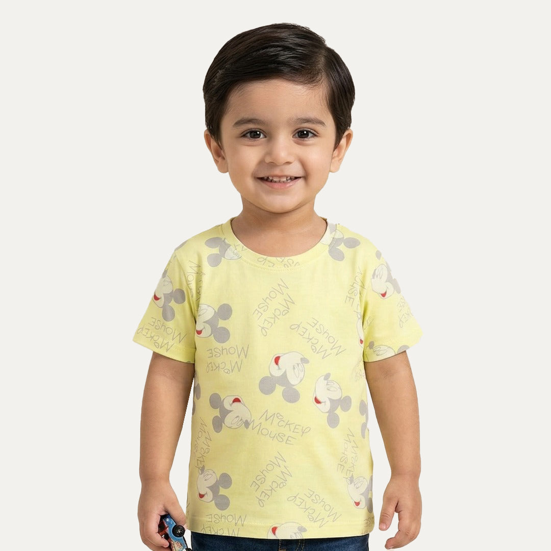 Yellow Mickey Mouse Print Half Sleeves T-Shirt For Boys