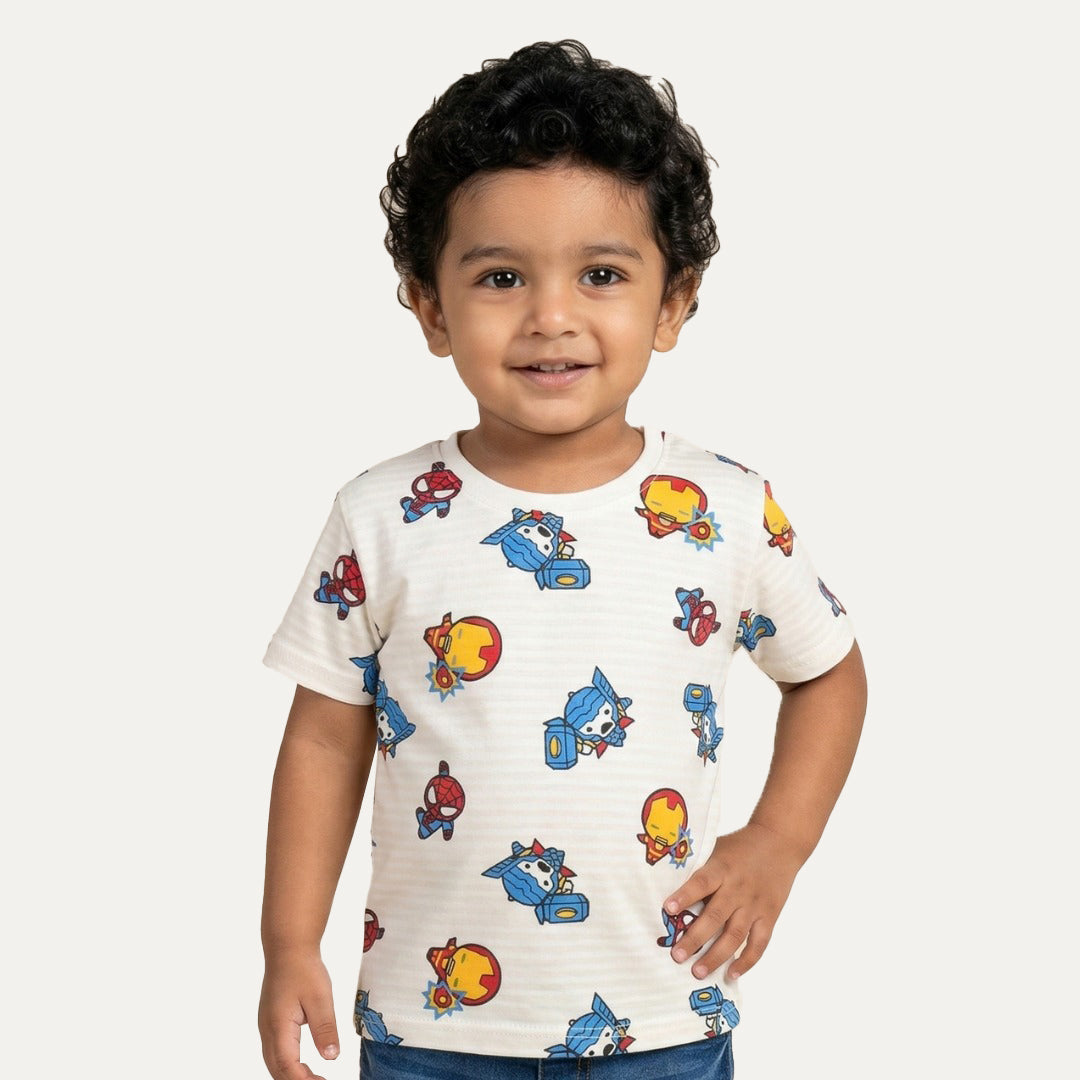 Cream Super Heroes Print Half Sleeves T-Shirt For Boys Main image