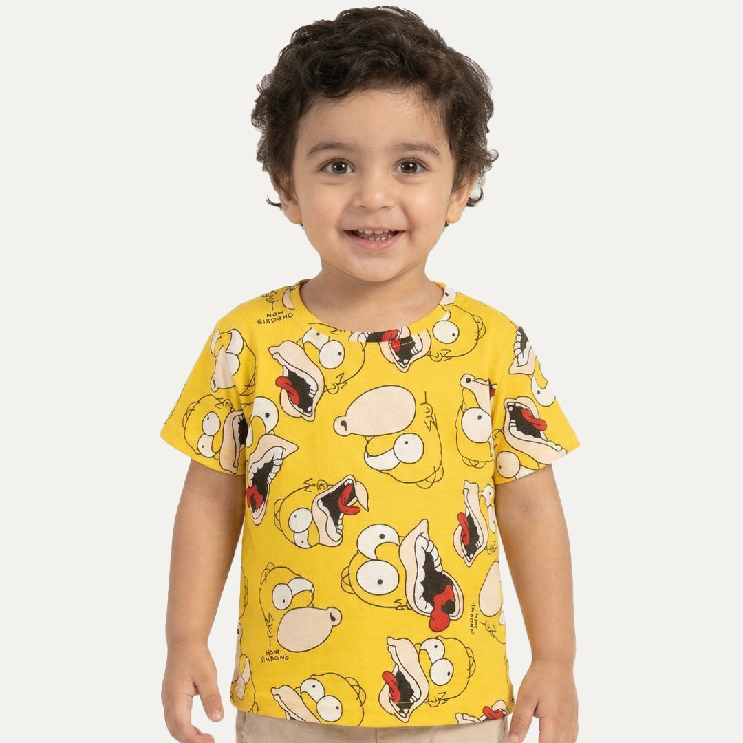 Yellow Cartoon Print Half Sleeves T-Shirt For Boys Main image