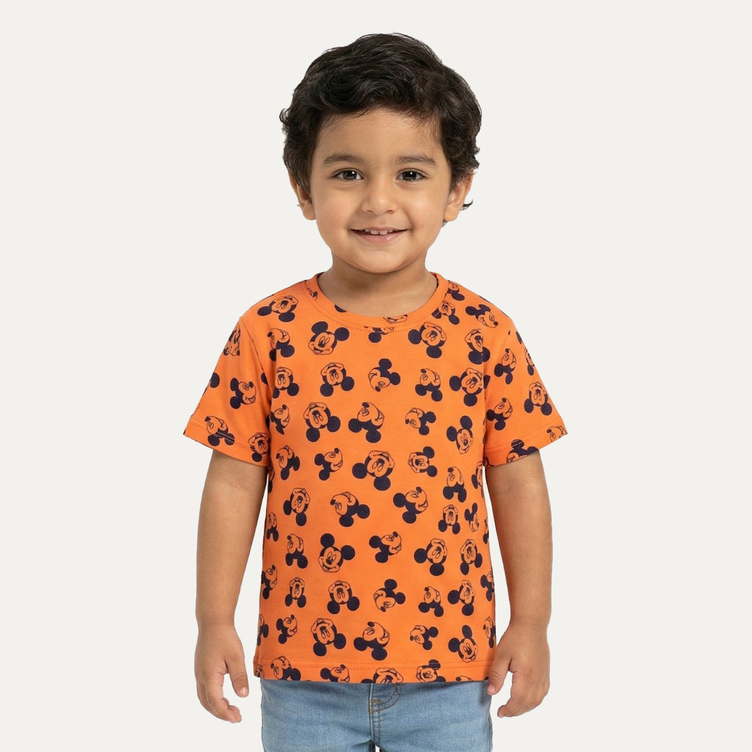 Orange Mickey Mouse Print Half Sleeves T-Shirt For Boys Main image
