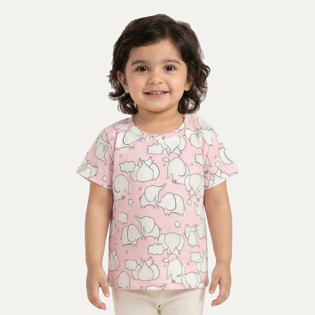 Pink Elephants Print T-shirt Top For Girls