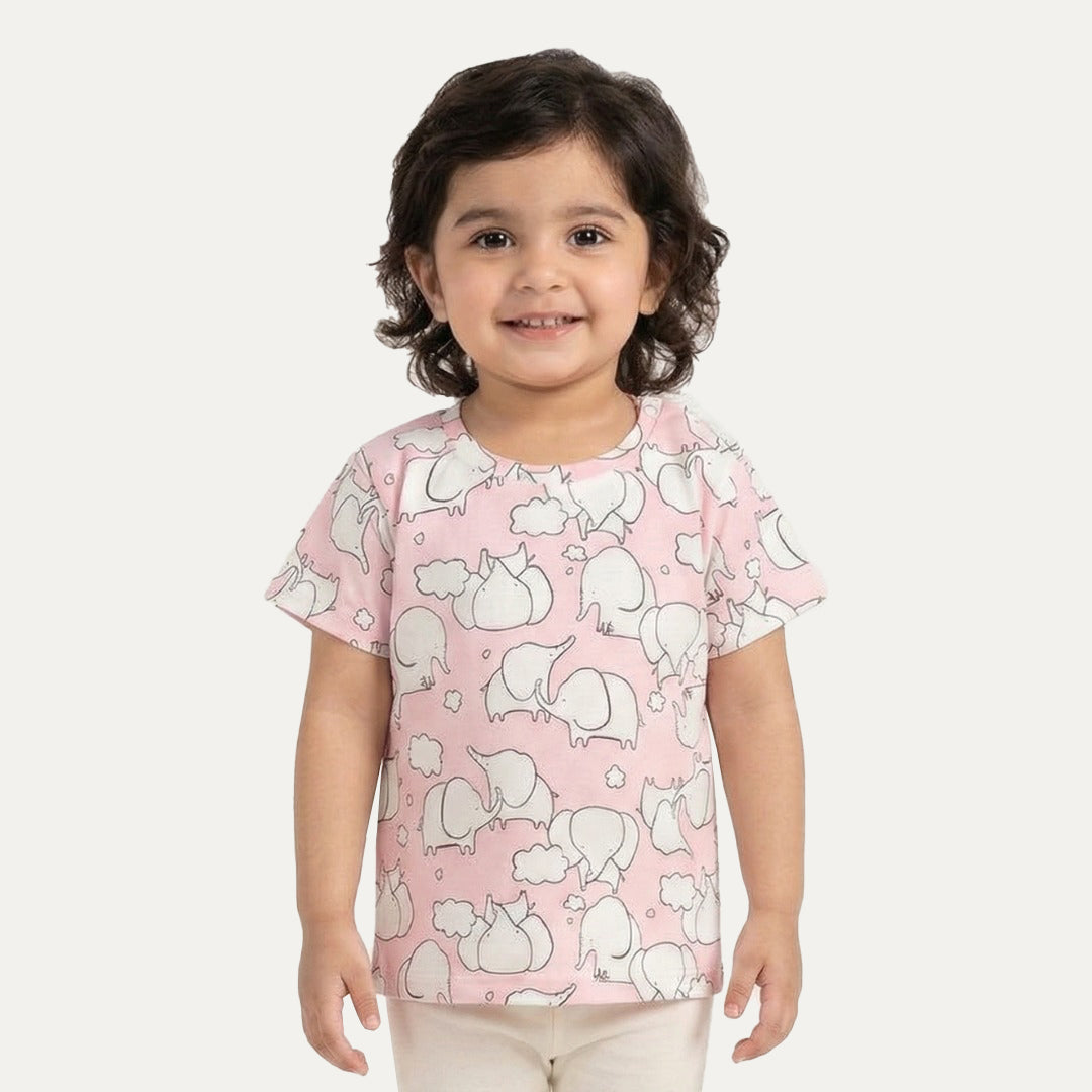 Pink Elephants Print T-shirt Top For Girls