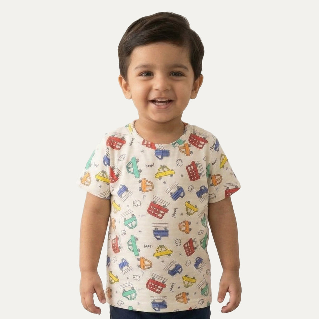 Cream Cars Print Half Sleeves T-Shirt For Boys