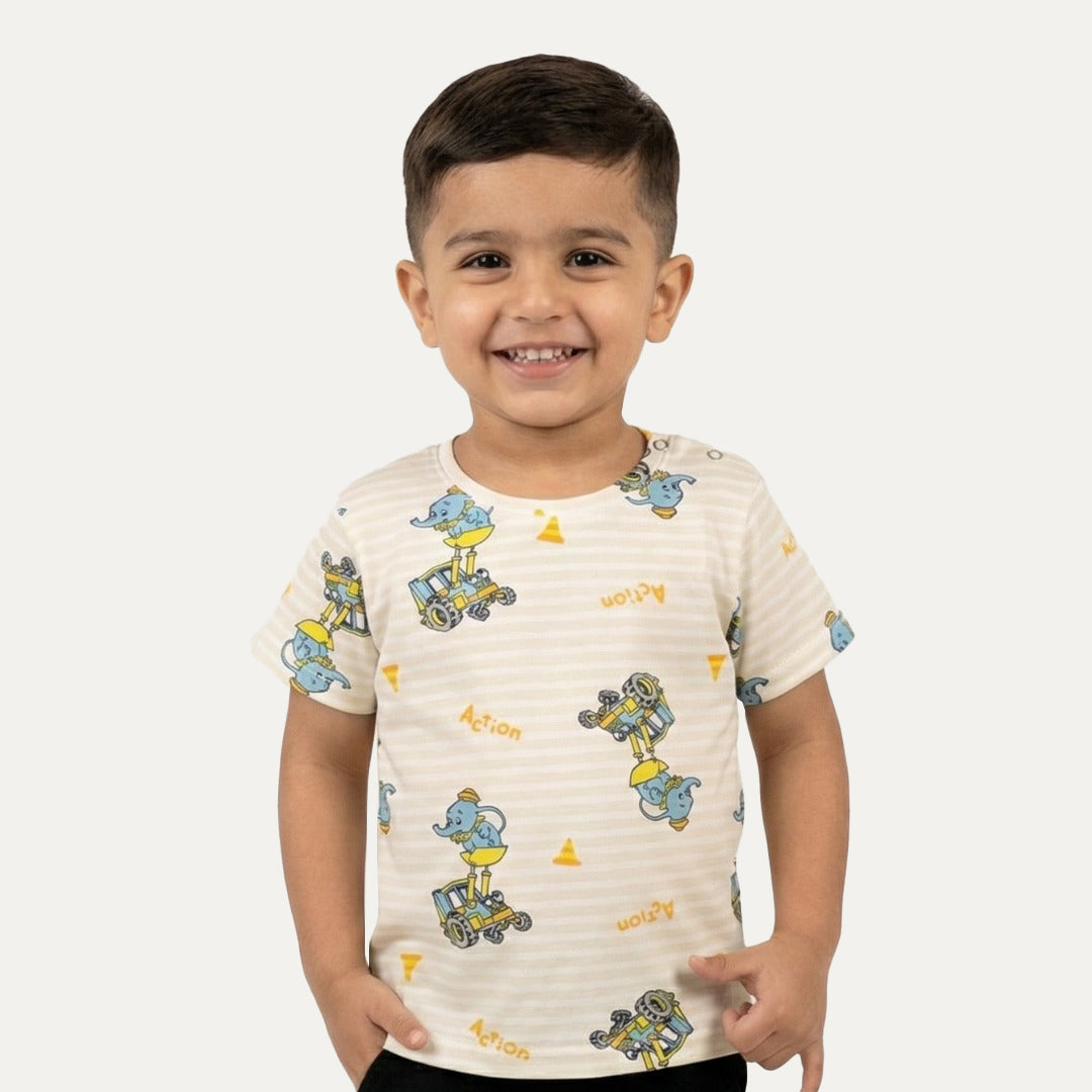 Cream Action Elephant Print Half Sleeves T-Shirt For Boys Main image