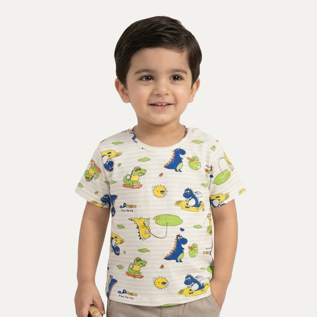 Cream Dream Dragon Print Half Sleeves T-Shirt For Boys Main image
