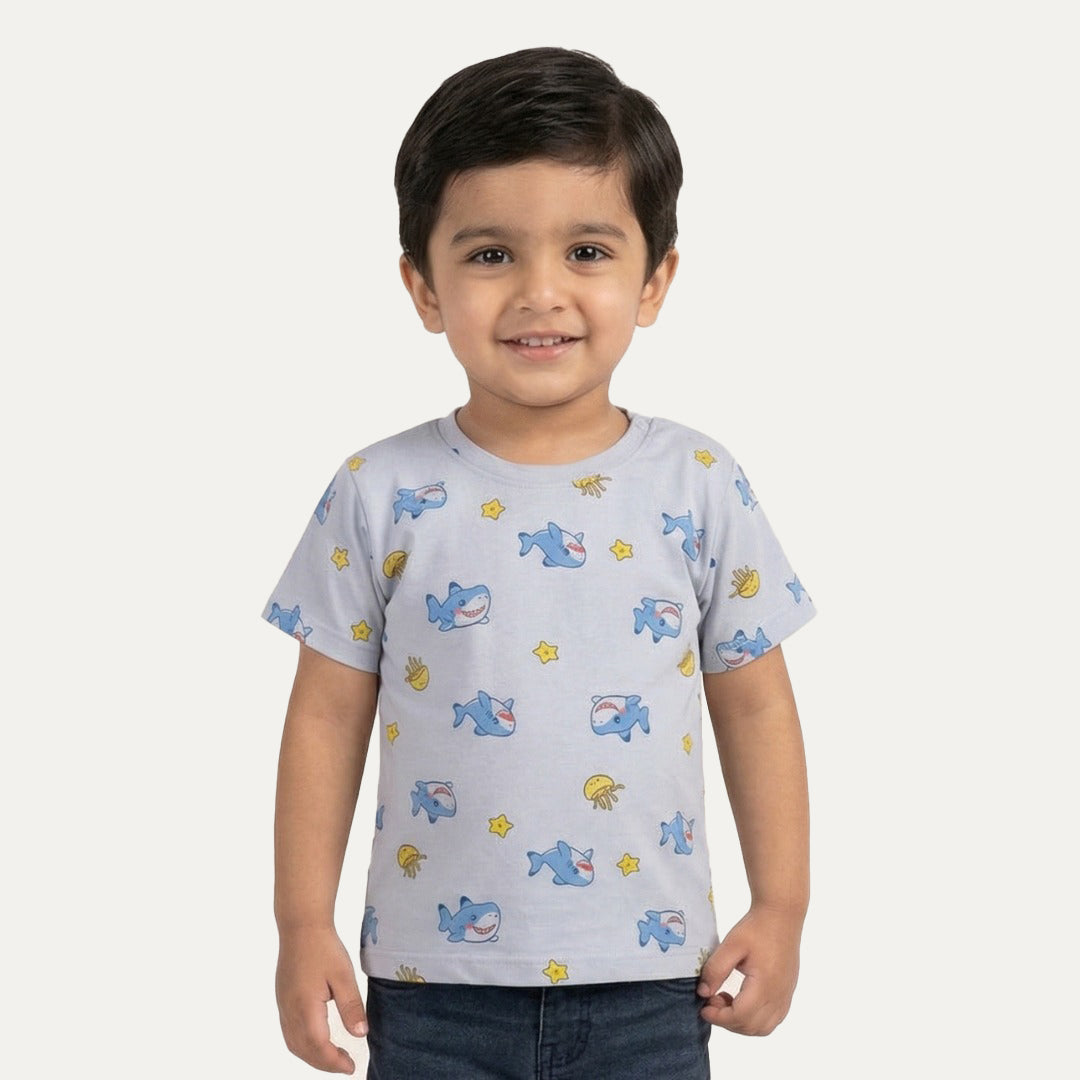 Blue Shark Print Half Sleeves T-Shirt For Boys Main image