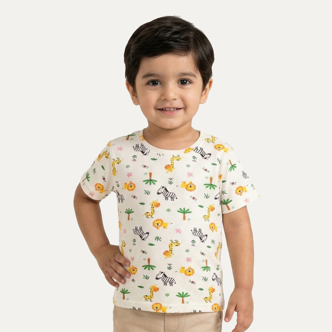 Cream Animals Print Half Sleeves T-Shirt For Boys