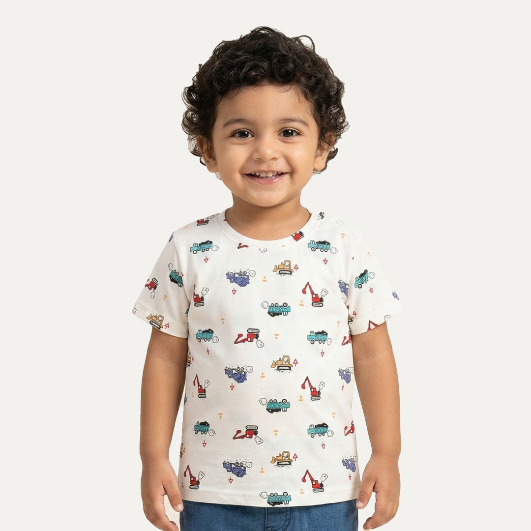 White Trucks Print Half Sleeves T-Shirt For Boys