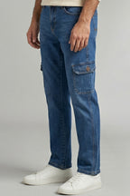 Dark Blue Cargo Denim Jeans For Mens