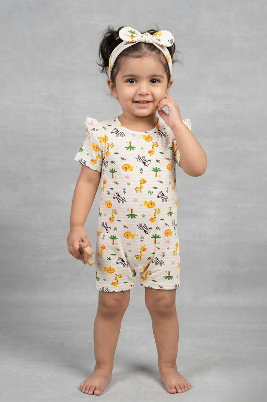 Cream Stripes Lion Jungle Print With Band Half Body Romper For Girls
