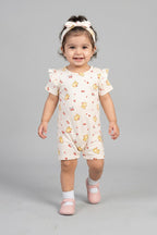 Cream Bear Print With Band Half Body Romper For Girls