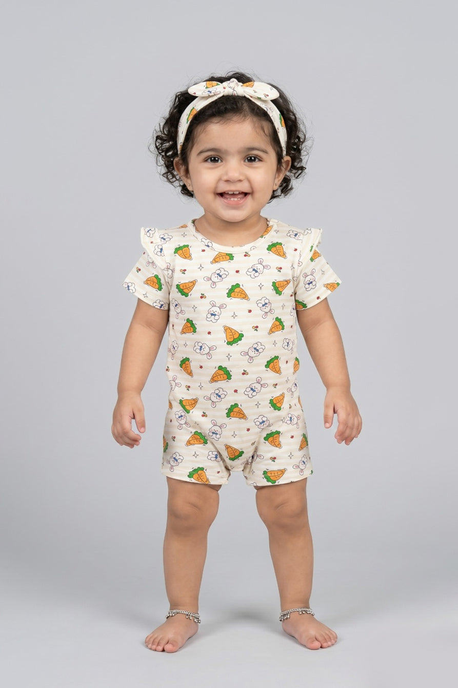 Cream Stripes Rabbit & Carrot Print With Band Half Body Romper For Girls