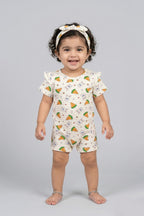 Cream Stripes Rabbit & Carrot Print With Band Half Body Romper For Girls