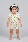 Cream Stripes Rabbit & Carrot Print With Band Half Body Romper For Girls