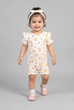 Cream Bear Print With Band Half Body Romper For Girls