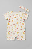 Cream Bear Print With Band Half Body Romper For Girls