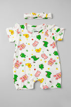 White Rabbit & Duck Print With Band Half Body Romper For Girls
