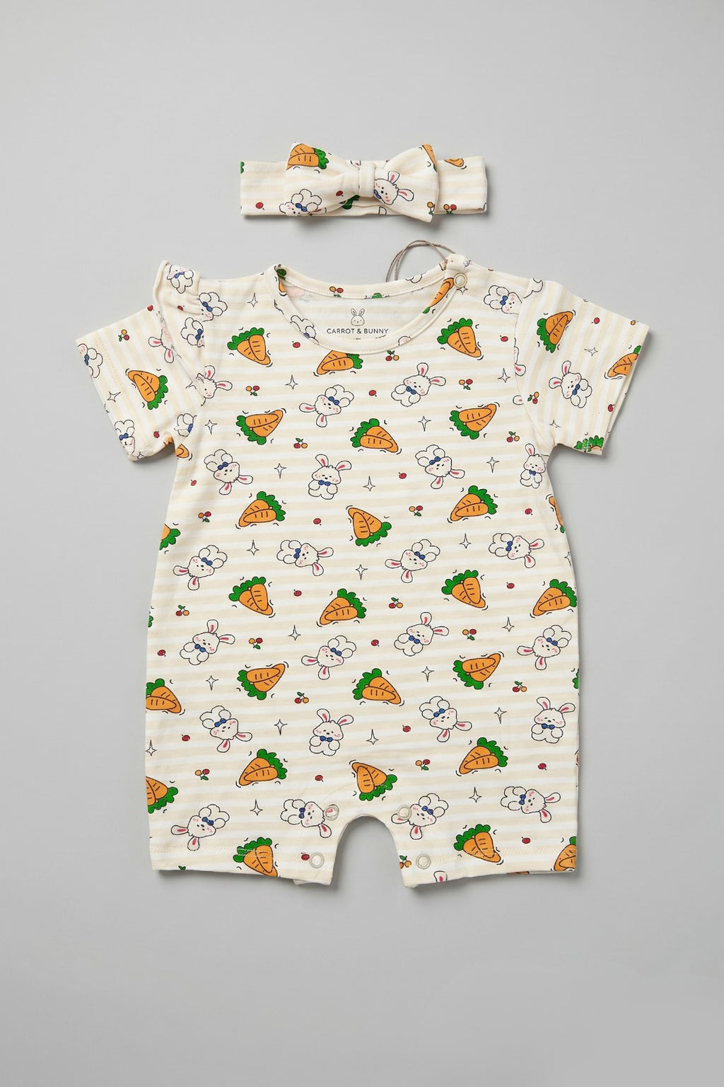 Cream Stripes Rabbit & Carrot Print With Band Half Body Romper For Girls