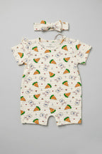 Cream Stripes Rabbit & Carrot Print With Band Half Body Romper For Girls