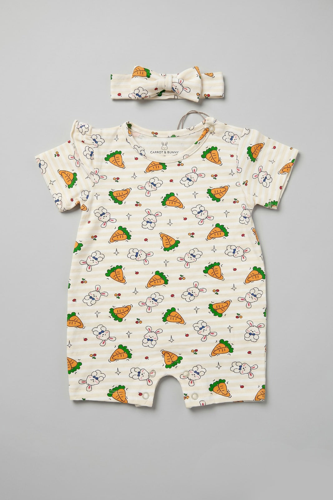 Cream Stripes Rabbit & Carrot Print With Band Half Body Romper For Girls