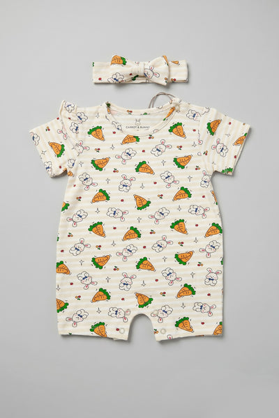 Cream Stripes Rabbit & Carrot Print With Band Half Body Romper For Girls