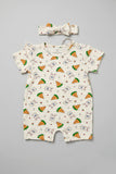 Cream Stripes Rabbit & Carrot Print With Band Half Body Romper For Girls