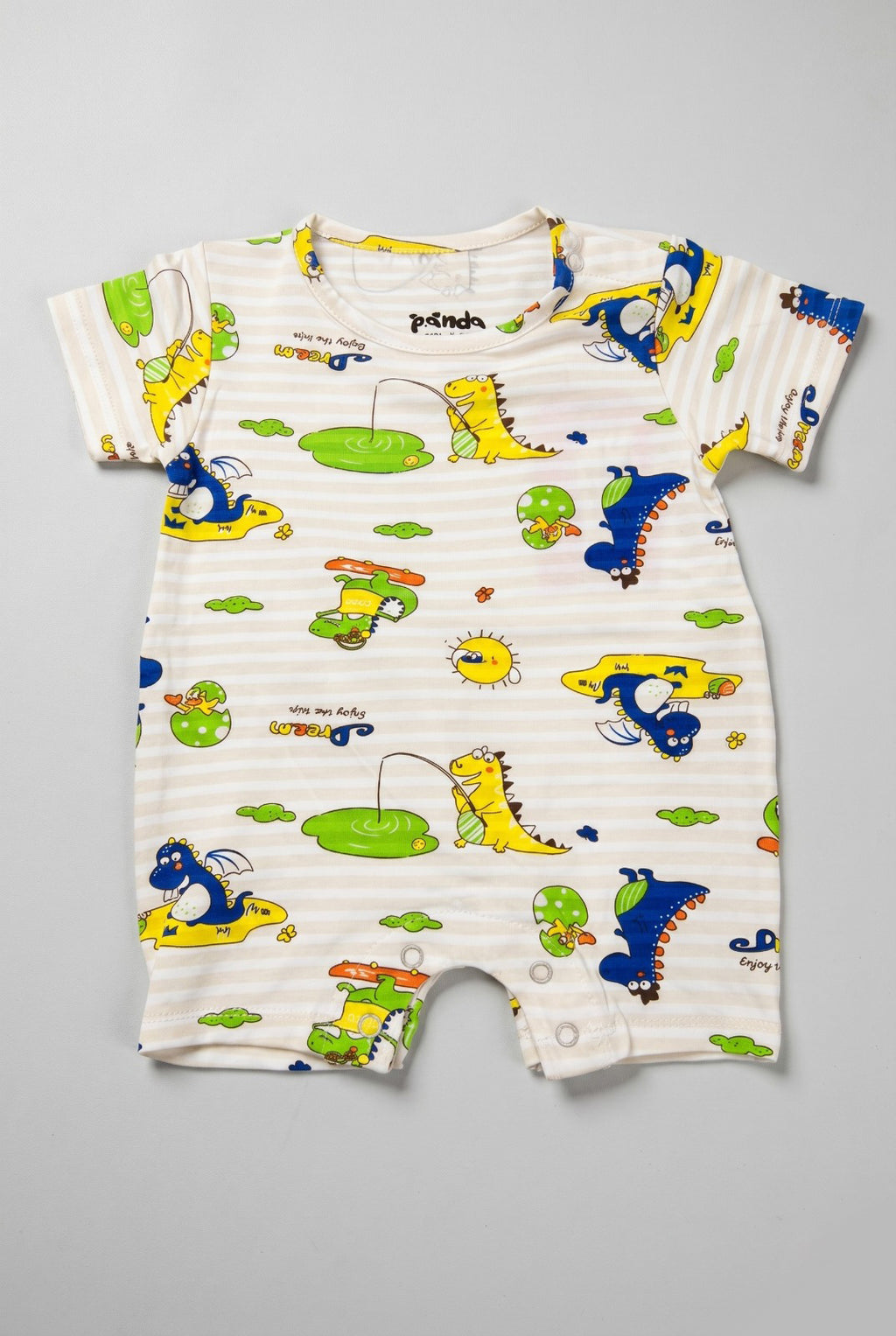 Cream Stripes Dream Dino Print Half Body Romper For Boys