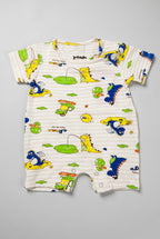 Cream Stripes Dream Dino Print Half Body Romper For Boys