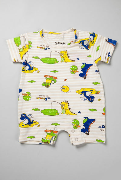 Cream Stripes Dream Dino Print Half Body Romper For Boys