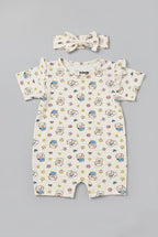Cream Stripes Sheep Print With Band Half Body Romper For Girls
