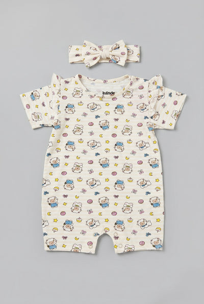 Cream Stripes Sheep Print With Band Half Body Romper For Girls