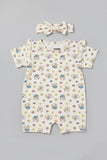 Cream Stripes Sheep Print With Band Half Body Romper For Girls