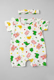White Rabbit & Duck Print With Band Half Body Romper For Girls