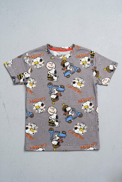Dark Grey Snoopy Peanuts Print Half Sleeves T-Shirt For Boys