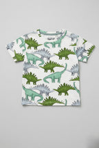 White Dino Print Half Sleeves T-Shirt For Boys
