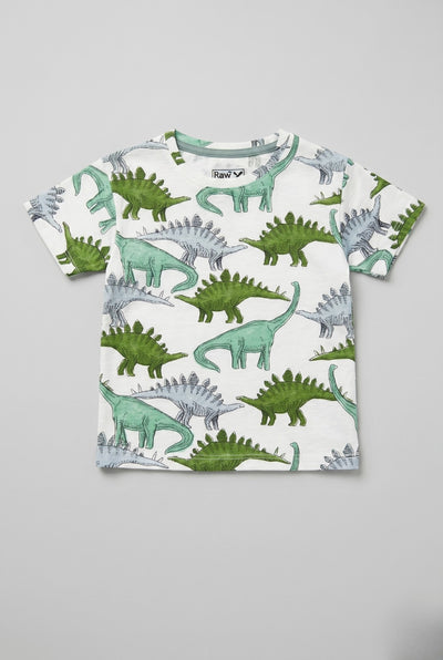 White Dino Print Half Sleeves T-Shirt For Boys