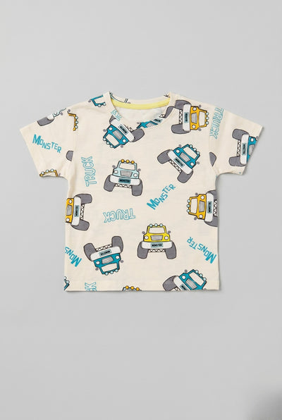 Cream Truck Print Half Sleeves T-Shirt For Boys