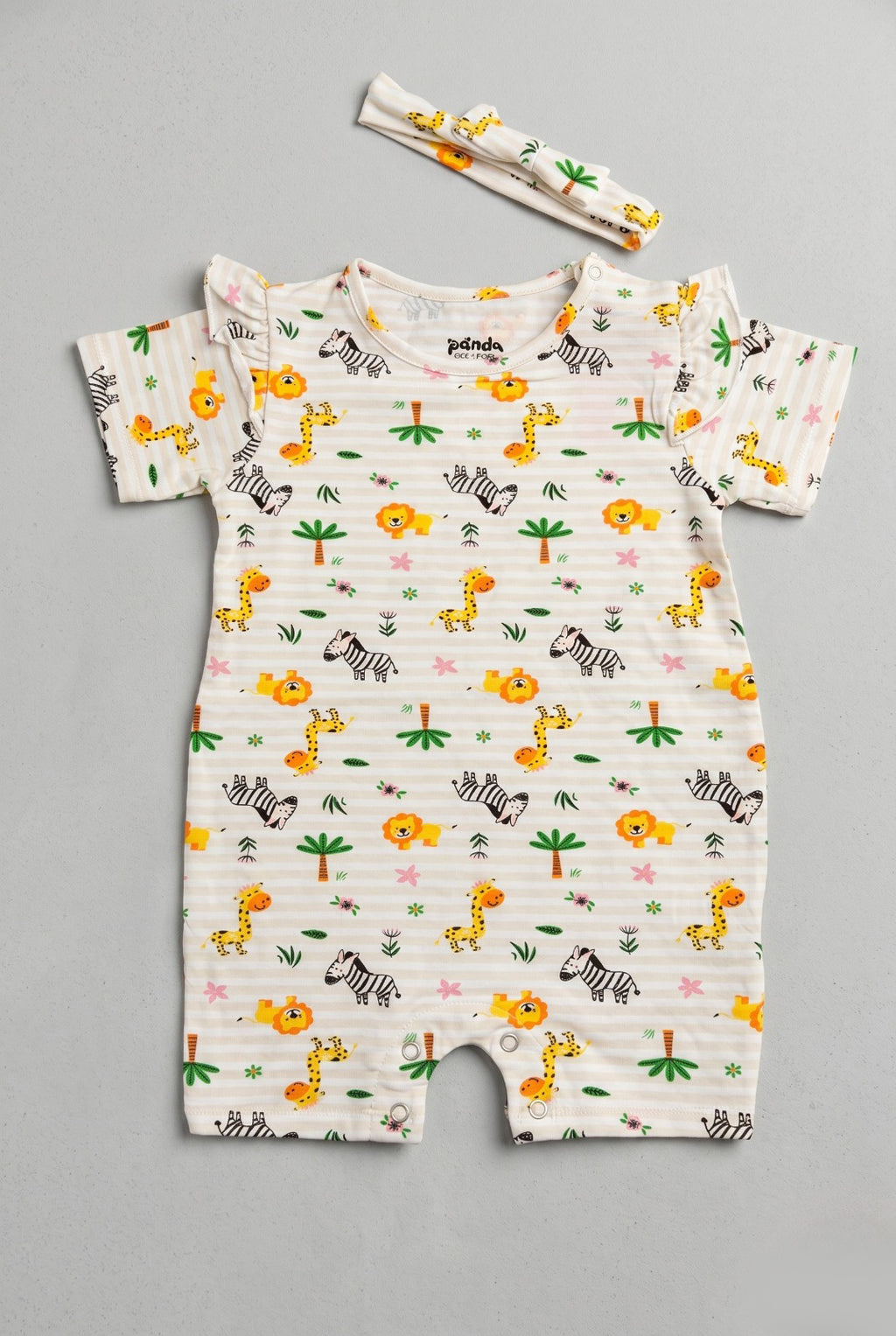 Cream Stripes Lion Jungle Print With Band Half Body Romper For Girls