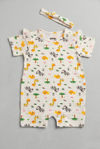 Cream Stripes Lion Jungle Print With Band Half Body Romper For Girls